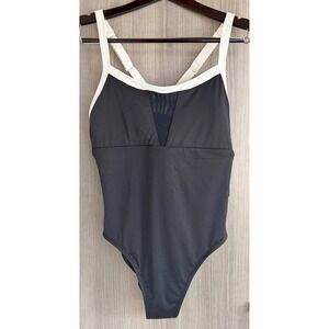 Nike XL Women's Swim V-Back One Piece Swimsuit Black Mesh  Performance NWT